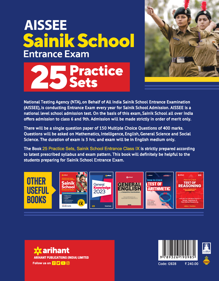 AISSEE Sainik School Entrance Exam 25 Practice Sets Class IX